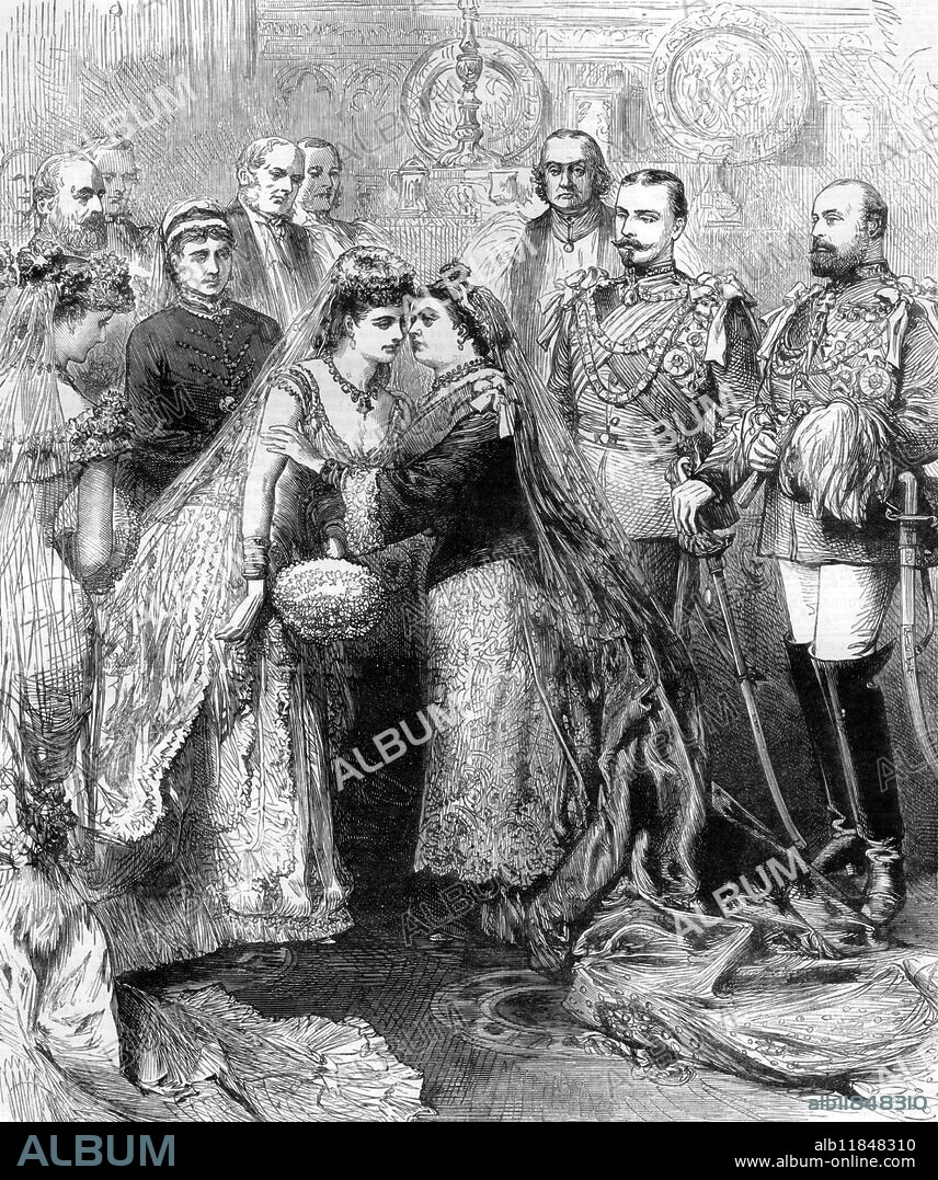 The royal wedding of Prince Leopold , Duke of Albany and Princess Helen of Waldeck-Pyrmont. Queen Victoria kisses her daughter-in-law. 27 April 1882. Princess Helena of Waldeck and Pyrmont [1] (Helene Friederike Auguste; later Duchess of Albany; 17 February 1861 - 1 September 1922), who became a member of the British Royal Family by marriage, was the daughter of George Victor, Prince of Waldeck and Pyrmont (regions now in Germany) and his wife, Princess Helena of Nassau (also in Germany). Prince Leopold , Duke of Albany, KG, KT, GCSI, GCMG, GCStJ (Leopold George Duncan Albert; 7 April 1853 - 28 March 1884) was the eighth child and youngest son of Queen Victoria and Prince Albert. Leopold was later created Duke of Albany, Earl of Clarence, and Baron Arklow.
