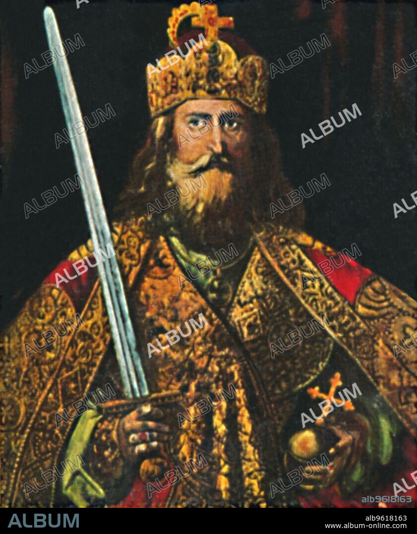 'Karl der Große, 742-814', 1934. Charlemagne or Charles the Great (742- 814), Charles I was the King of the Franks from 768, King of the Lombards from 774 and Emperor of the Romans from 800. He united much of Europe during the early Middle Ages. He was the first recognised emperor in western Europe since the fall of the Western Roman Empire three centuries earlier. From "Die Großen der Weltgeschichte". [Eckstein-Halpaus, Dresden, 1934].
