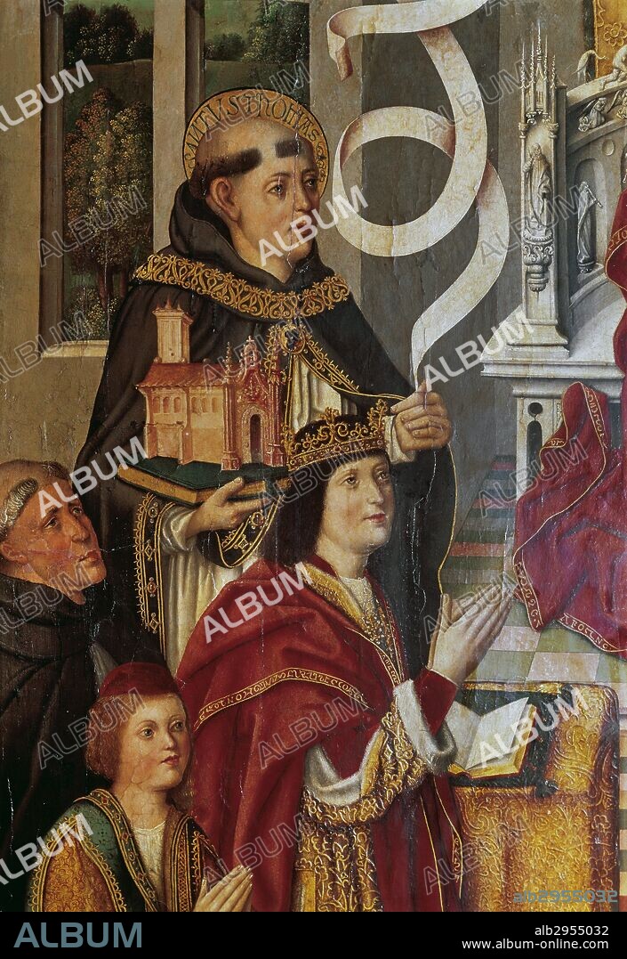 "LA VIRGEN DE LOS REYES CATOLICOS". Oleo sobre tabla datado entre 1491 y 1493. Detalle izquierdo con la representación de SANTO TOMAS (detrás del rey), FERNANDO EL CATOLICO, su hijo JUAN DE ARAGON y un dominico al que se identifica con FRAY TOMAS DE TORQUEMADA (1420-1498), Inquisidor General. Realizado por el Maestro de La Vírgen de los Reyes Católicos. Procede del Real Monasterio de Santo Tomás, de dominicos, Cuarto Real, capilla; Museo de la Trinidad. Museo del Prado. Madrid. España.