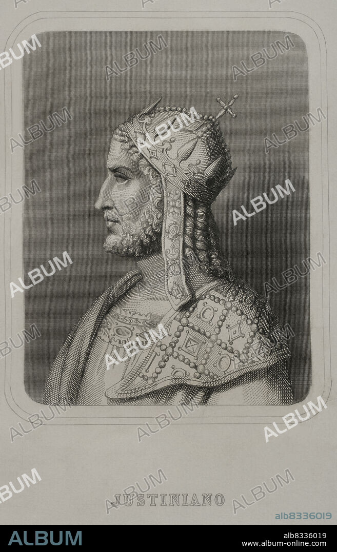 Justiniano I el Grande (482-565). Emperador del Imperio romano de Oriente (527-565). Retrato. Grabado. Historia Universal, por César Cantú. Tomo VIII. 1858.