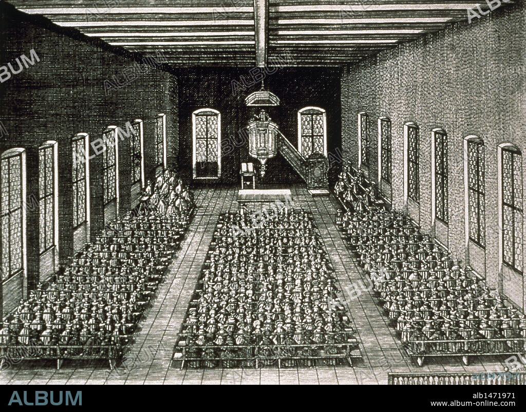 HISTORIA DE LA IGLESIA PROTESTANTE. CALVINISMO. Pocos años después del compromiso religioso de 1555, se produjo una escisión del sector protestante de Alemania. El reformador Juan CALVINO (1509-1564) dió a conocer su credo "Reformador" muy diferente al luterano. "OFICIO RELIGIOSO EN LA IGLESIA REFORMADA DE STEIN, NUREMBERG". Grabado en cobre del s. XVII.