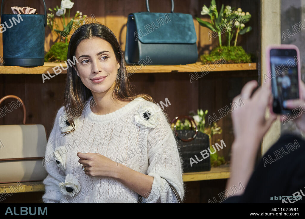 Alessandra de Osma present 'Paracas' bag collection of Moi&Sass at Mimoki Space on November 12, 2019 in Madrid, Spain.