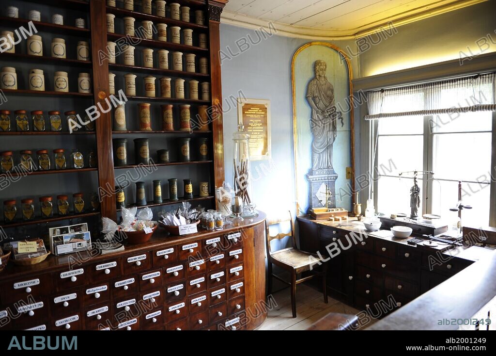 Finland. Turku. Pharmacy Museum and the Qwensel house, built in the 1700s in an area reserved for the nobility. A pharmacy from the 19th century has been furnished in the shop wing of the building. Collection of pharmacy utensils on display and old laboratory.