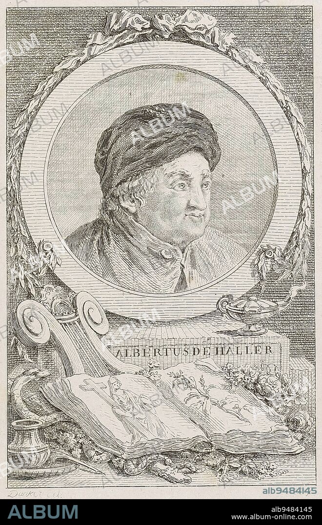 Portrait of Albrecht von Haller, print maker: Balthasar Anton Dunker, (mentioned on object), 1777 - 1807, paper, etching, h 179 mm - w 100 mm.