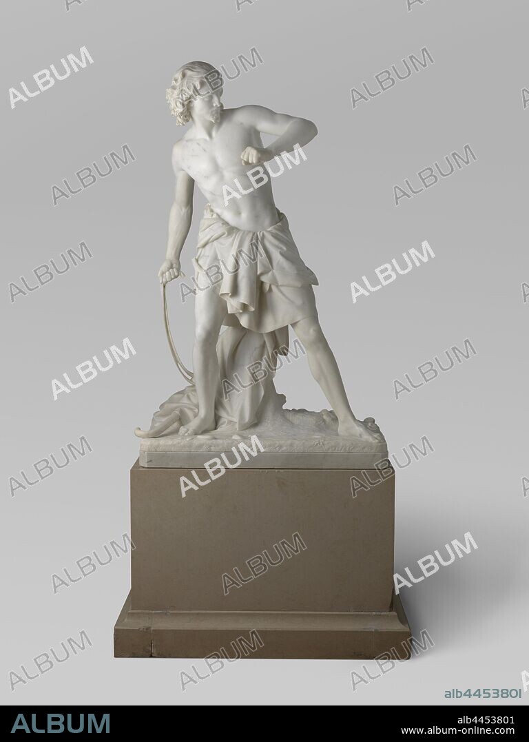 David, He is standing with the sling in his right hand ready to throw the stone, David slings a stone at Goliath's forehead (variant), Pietro Magni, Milaan, 1851, marble (rock), h 182 cm h 85 cm × w 85.5 cm × d 134 cm h 183 cm × w 115 cm × d 63 cm w 115 cm × d 63 cm w 725 kg w 976 kg.