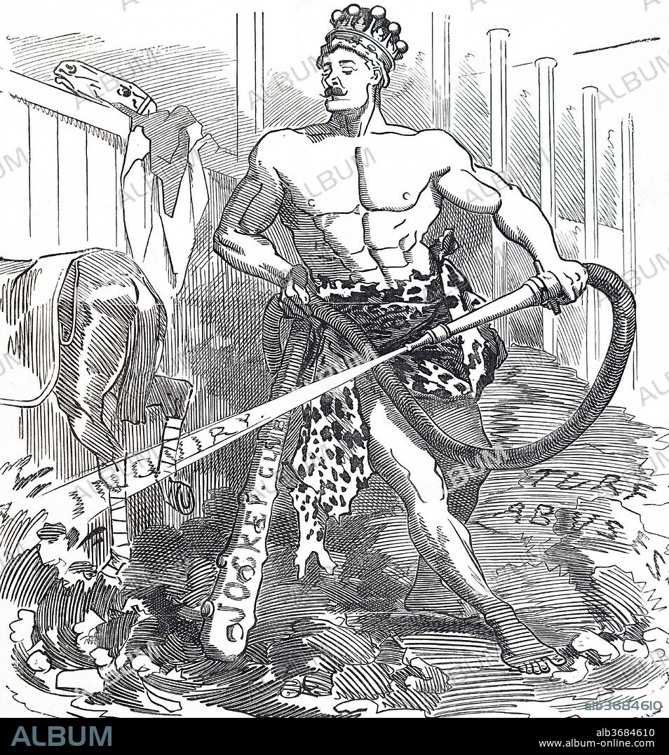 Cartoon titled 'Hercules in the Augean Stable'. Hercules is depicted attempting to clean the Augean Stables. The cartoon is commenting on the abuses in the sport of horseracing had led to an enquiry being set up. Dated 19th century.
