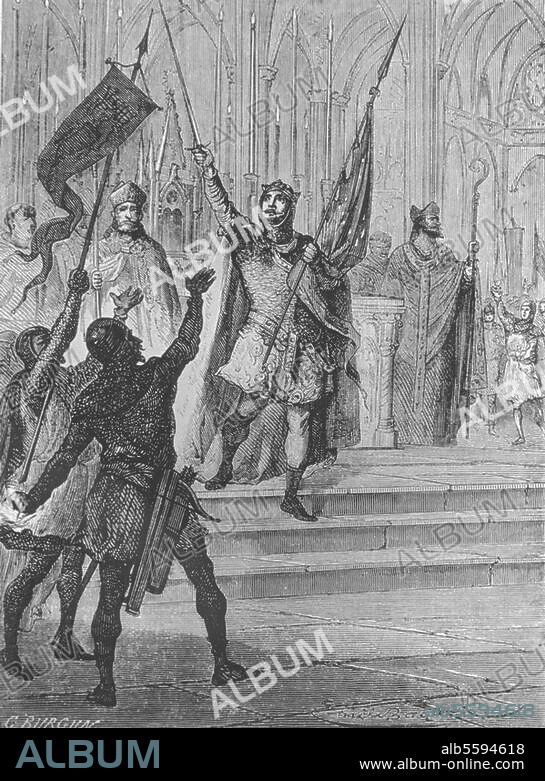 Louis VI, the Fat (le Gros), King of France (1108-1137); 1081-1137. "Louis VI le Gros (Saint-Denis, 1124: Louis VI seizes the Oriflamme with the war cry" Montjoie-Saint-Denis"). Wood engraving (book illustration), 1875, after drawing by Emile Bayard (1837-1891).
