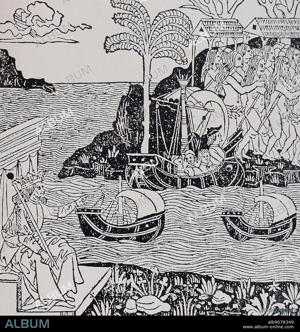 Ferdinand II, King of Spain, pointing across Atlantic to where Columbus is landing with three ships amid large group of Indians. 1493, Title page to Lettera delle isole novamente trovata by Giuliano Dati, a translation into verse of a letter from Columbus to Ferdinand of Spain.