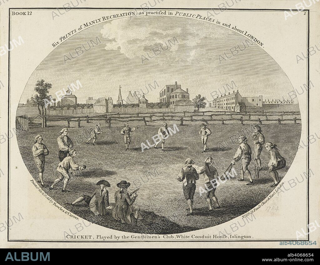 Cricket, played by the Gentlemen's club, White Conduit House, Islington. Six prints of manly recreation, as practised in public places in and about London. A collection of cuttings from newspapers, advertisements, playbills, etc. II. Carlisle House and White Conduit House/ collected by John Fillinham. London, 1784. Source: 1889.b.10/2 page 82.