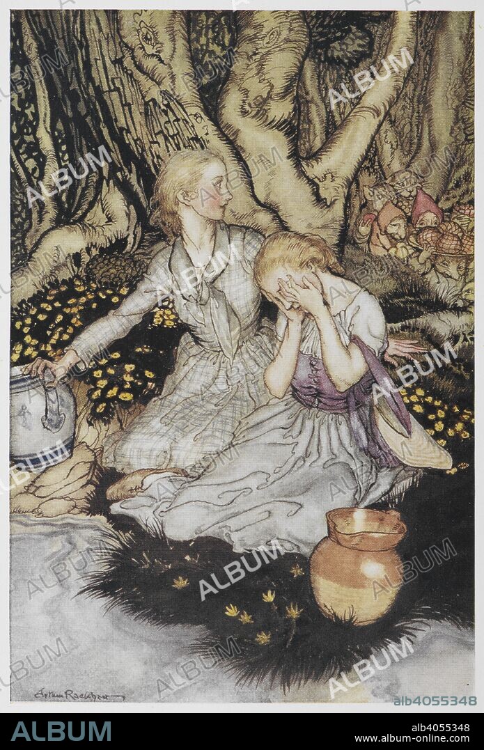 CHRISTINA GEORGINA ROSSETTI and ARTHUR RACKHAM. Two girls collecting water with goblins looking on. Goblin Market ... Illustrated by Arthur Rackham. London : G. G. Harrap & Co., 1933. 'Look, Lizzie, look, Lizzie, Down the glen tramp little men.'. Source: 11643.cc.64 Facing p. 14.