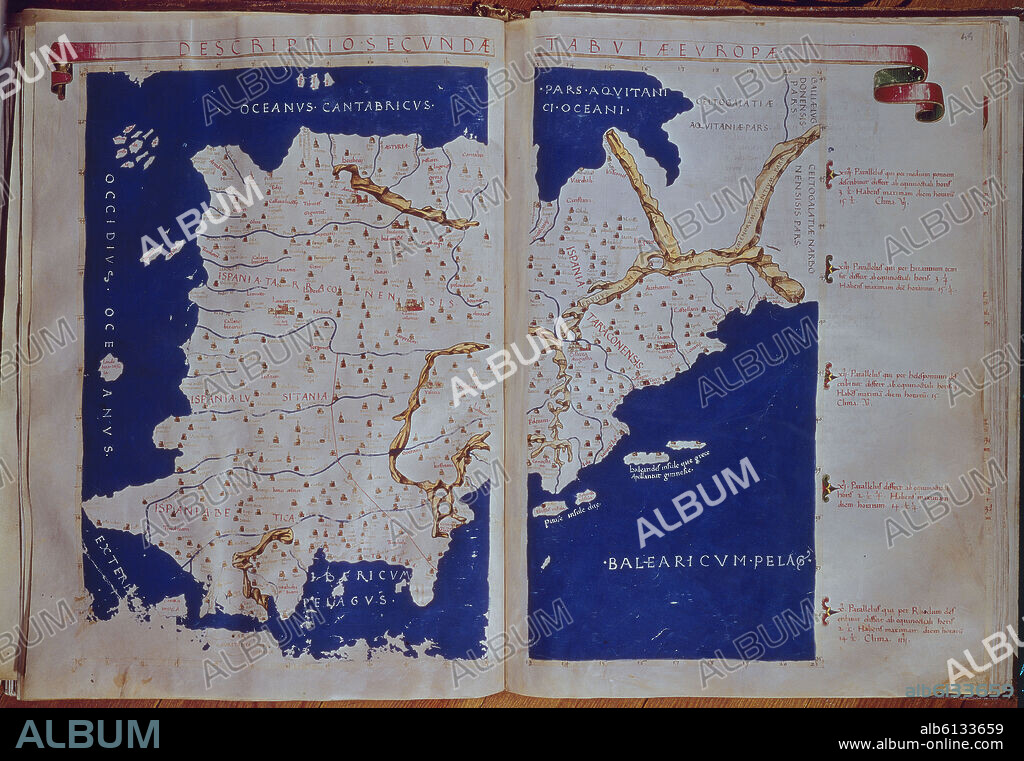 CLAUDIO TOLOMEO (100-170) CLAUDIO PTOLOMEO. MAPA DE LA PENINSULA IBERICA- ESPAÑA EN EL SIGLO II - MANUSCRITO DEL SIGLO XV - VIT 19.
