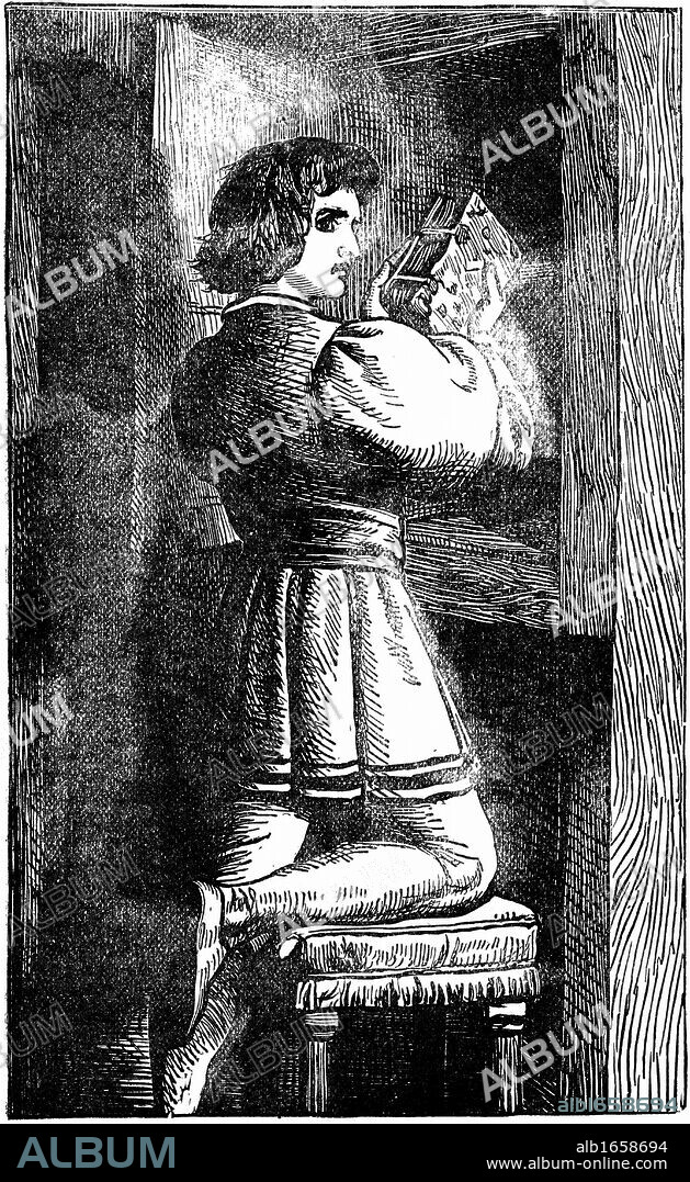Waldenses (Valdenses, Vaudois, Valdesi) Christian sect originating 12th century France. Its devotees followed Christ in simplicity and poverty. Persecuted by Rome.  A Waldensian youth hiding his vernacular Bible c1200. 19th century wood engraving.