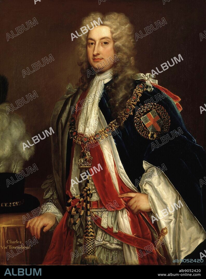 Charles Townshend, 2nd Viscount Townshend Bt, KG, PC (18 April 1674 21 June 1738) British Whig statesman. He served for a decade as Secretary of State, directing British foreign policy. He was often known as Turnip Townshend because of his strong interest in farming. Unknown after Sir Godfrey Kneller (1646-1723).