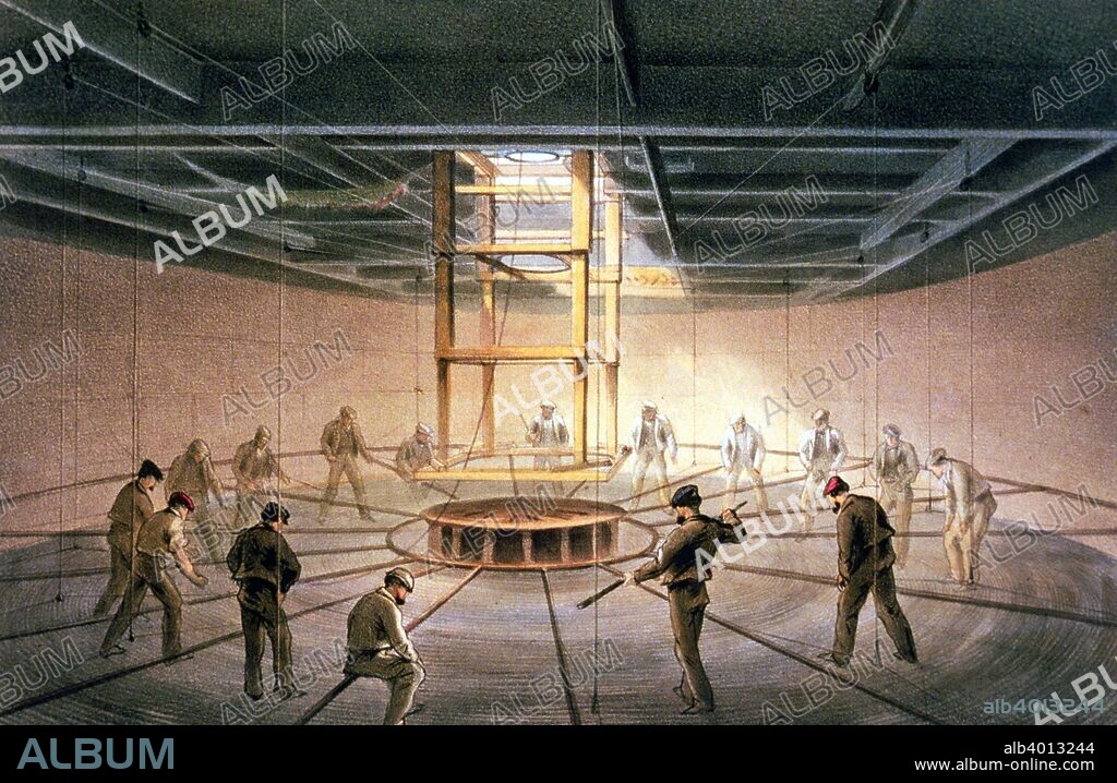 The laying of the transatlantic telegraph cable, 1865-1866. Cable passing out of one of the tanks on board the 'Great Eastern'. An attempt in 1865 by Brunel's giant steamship, the 'Great Eastern' to lay the cable ended in failure when the cable snapped and the end was lost. The following year the 'Great Eastern' succeeded in retrieving the lost cable and completing it, connecting Valentia in Ireland to Trinity Bay, Newfoundland. Instead of the length of a sea voyage, communication time between the two sides of the Atlantic became a matter of seconds. From The Atlantic Telegraph by William Howard Russell, published 1866.