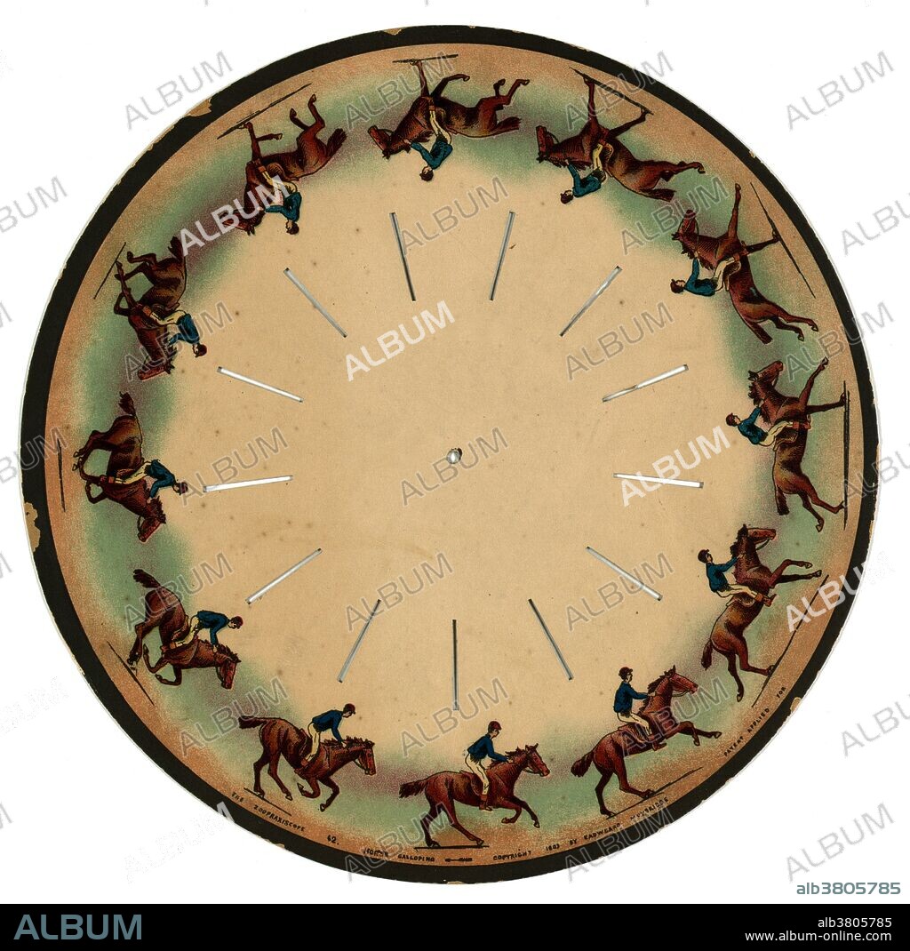 Muybridge Zoopraxiscope, Horse Galloping, 1893. The zoopraxiscope is an early device for displaying motion pictures. Created by photographic pioneer Eadweard Muybridge in 1879, it may be considered the first movie projector. The zoopraxiscope projected images from rotating glass disks in rapid succession to give the impression of motion. The stop-motion images were initially painted onto the glass, as silhouettes. A second series of discs, made in 1892-94, used outline drawings printed onto the discs photographically, then colored by hand. Some of the animated images are very complex, featuring multiple combinations of sequences of animal and human movement. The device appears to have been one of the primary inspirations for Thomas Edison and William Kennedy Dickson's Kinetoscope, the first commercial film exhibition system.