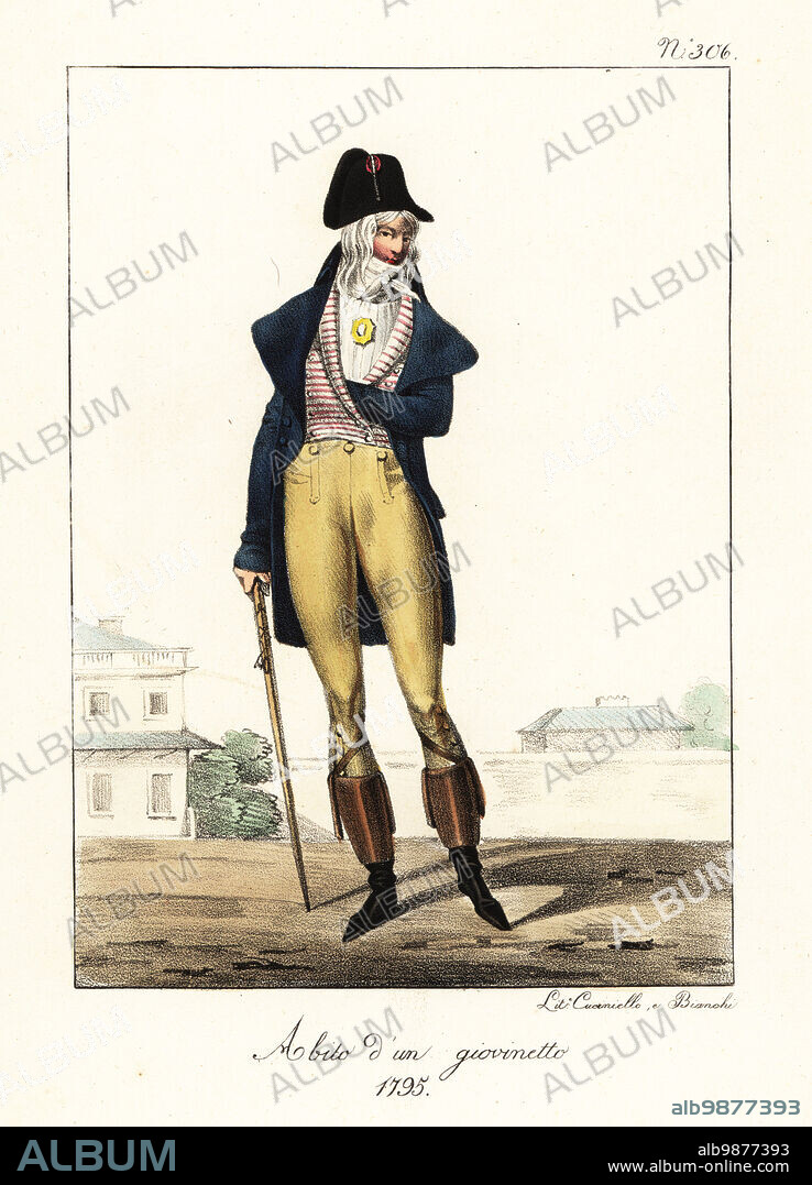 Fashionable young man or Incroyable, Directoire era, 1795. In bicorne with cockade, high collar and cravat, blue redingote, striped gilet, buff breeches, calf-length boots with long cuffs, armed with a cudgel. Costume d'un jeune home. 1795. After Carle Vernet. Handcoloured lithograph by Lorenzo Bianchi and Domenico Cuciniello after Hippolyte Lecomte from Costumi civili e militari della monarchia francese dal 1200 al 1820, Naples, 1825. Italian edition of Lecomtes Civilian and military costumes of the French monarchy from 1200 to 1820.