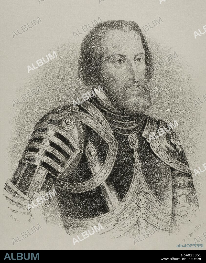 Hernan Cortes (1485-1547). Spanish conquistador of the Aztec empire. Lithography.  Drawing by Jose Cebrian (1839-1904). Cronica General de Espa–a, Historia Ilustrada y Descriptiva de sus Provincias. Extremadura, 1870.