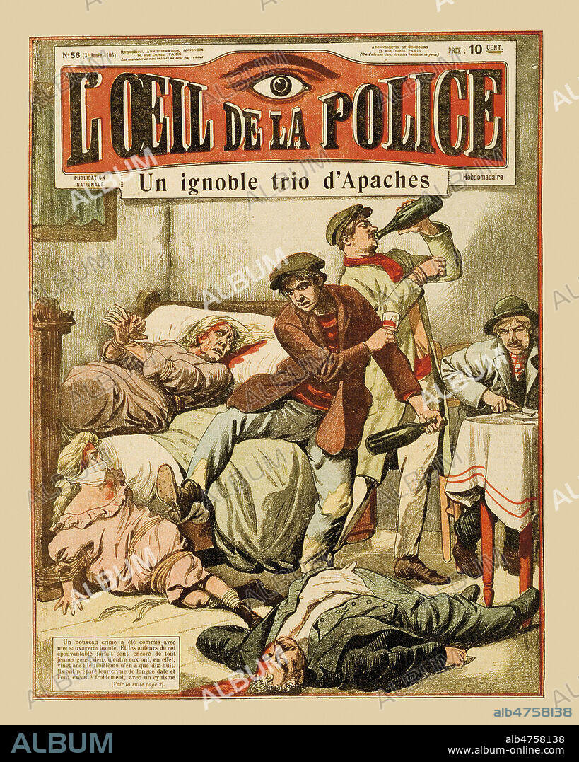 Un ignoble trio d'apaches. Illustration anonyme pour L'Oeil de la Police de 1910. Credit : Coll. Dixmier/KHARBINE-TAPABOR.