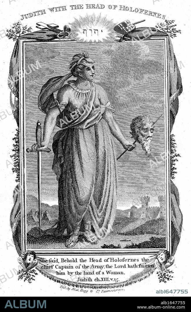 Judith, Jewish heroine, having gained confidence of Assyrian general Holofernes, cuts off his head and saves the town of Bethulia from capture. Bible Judith 13:10. Copperplate engraving c1804.