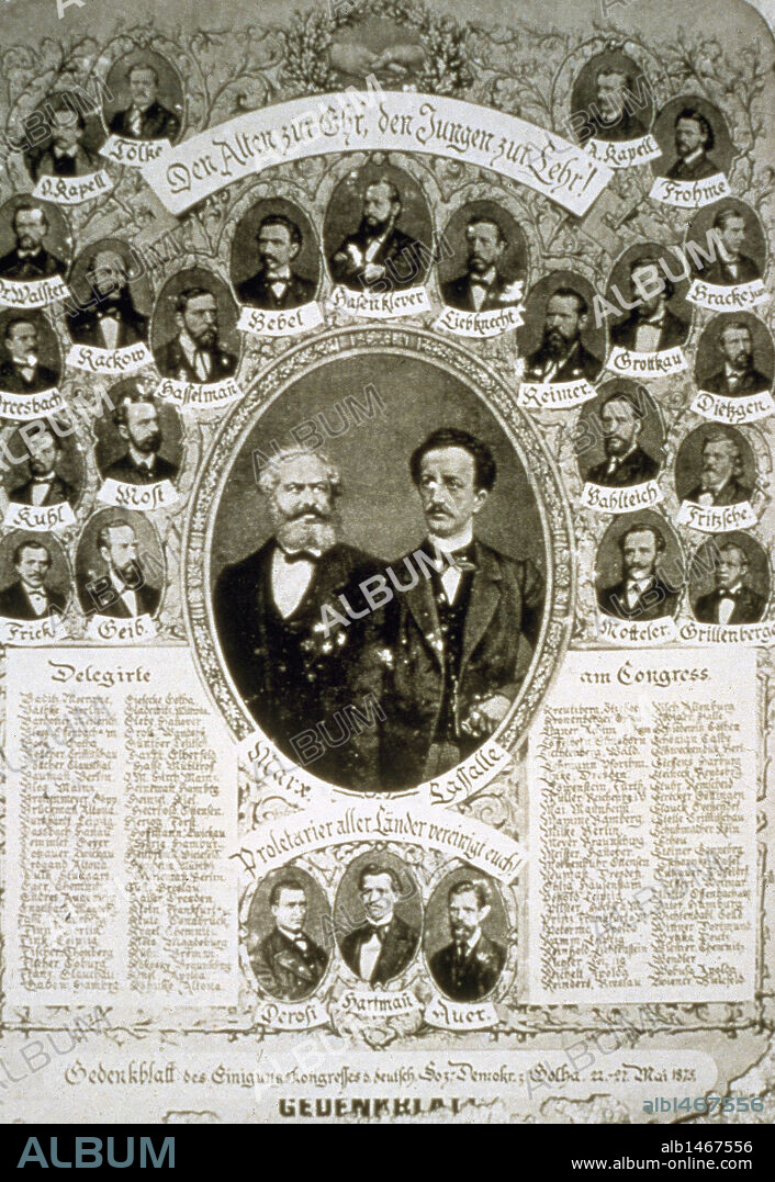 Germany. Congress of Gotha, 1875, where was founded the German Socialist Party (SPD). Reminder sheet with portrait of Marx and Lassalle at the centre.