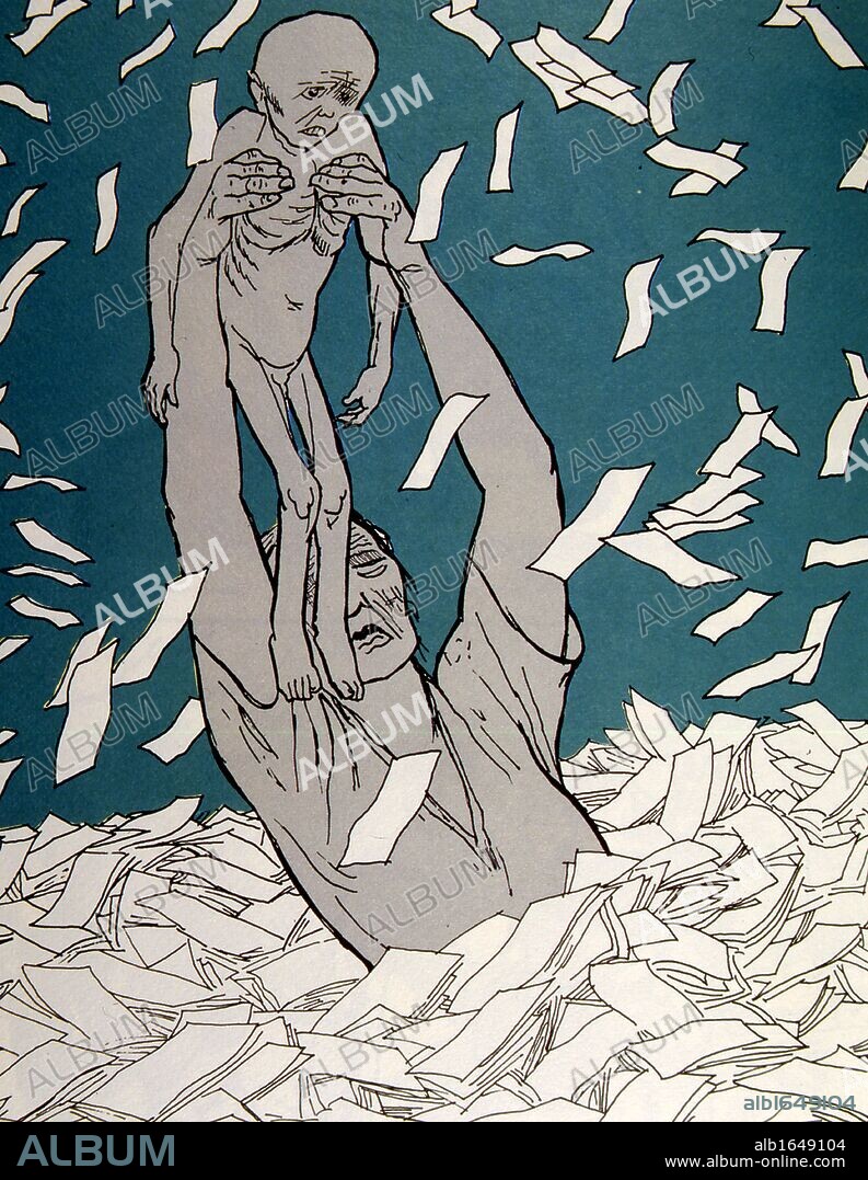 Hyperinflation of German currency, 1923. The depreciation in value of money made paper notes almost. A mother, half - buried in bank notes, holds up her starving child and cries out for bread. Cartoon.