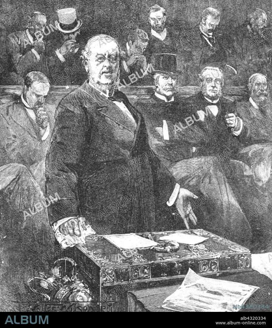 'Sir William Harcourt announcing the resignation of Lord Rosebery's government, June 24, 1895', (1901). British Liberal statesman William Vernon Harcourt (1827-1904) making an announcement in the House of Commons in London. The Liberal government of Archibald Primrose, 5th Earl of Rosebery, was succeeded by that of Conservative Robert Gascoyne-Cecil, 3rd Marquess of Salisbury. Harcourt first entered Parliament as a Liberal Member for Oxford in 1868. He served in Gladstone's governments as Home Secretary (1880-1885) and as Chancellor of the Exchequer (1886, 1892-1895). He was Leader of the Liberal Party in opposition between 1896 and 1898. From "The Illustrated London News Record of the Glorious Reign of Queen Victoria 1837-1901: The Life and Accession of King Edward VII. and the Life of Queen Alexandra". [London, 1901].