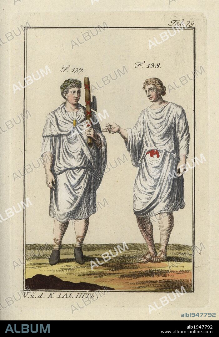 Roman Lictor with fasces (hatchet) and a Roman man in tunic. Handcolored copperplate engraving from Robert von Spalart's "Historical Picture of the Costumes of the Principal People of Antiquity and of the Middle Ages" (1798).