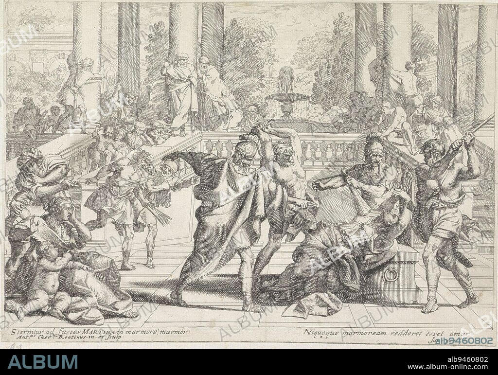 Saint Martina lies bound on a block. She is flogged by men with whips. Men, women and children watch from steps in the background. Flogging of Saint Martina The Martyrdom of Saint Martina , print maker: Antonio Gherardi, (mentioned on object), Antonio Gherardi, (mentioned on object), Italy, 1654 - 1702, paper, etching, h 226 mm × w 325 mm.