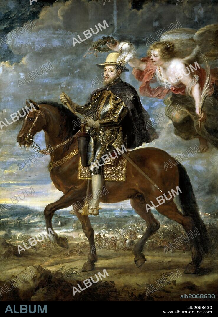 PETER PAUL RUBENS. Pedro Pablo Rubens / 'Felipe II a caballo', Hacia 1630, Escuela Flamenca, Óleo sobre Lienzo, 251 cm x 237 cm, P01686.