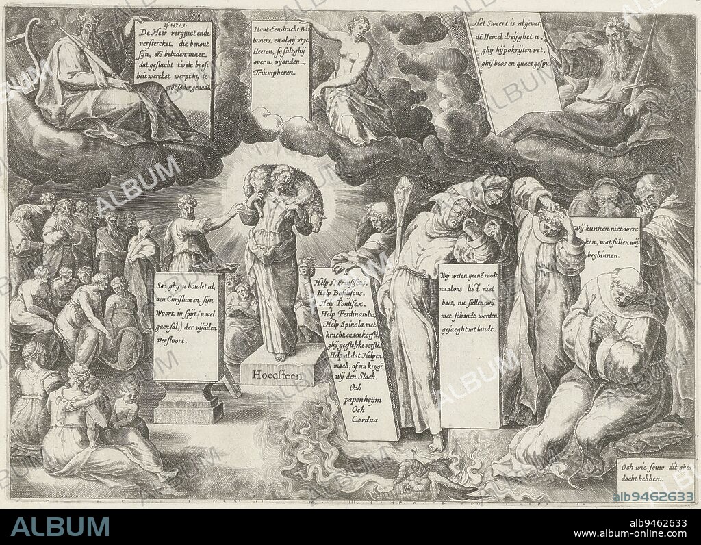 Cartoon on the Catholics after their losses in 1627 and 1629 Inscriptions refer to Spinola, Ferdinand, Pappenheim and Cordua Christ carries the lamb on his shoulders as the good shepherd, standing on the cornerstone With him a preacher and the people On the right, mourning Catholic priests and monks At their feet the hellfire and the head of the devil In heaven King David a female personification and Paul With text boards with various Bible quotations and other inscriptions An older original plate from the second half of the sixteenth century cut off and reworked, Cartoon on the Catholics after their losses in 1627 and 1629, print maker: anonymous, Adriaan de Weerdt, (attributed to), Northern Netherlands, 1550 - 1590 and/or 1629 - 1630, paper, engraving, h 259 mm × w 360 mm.