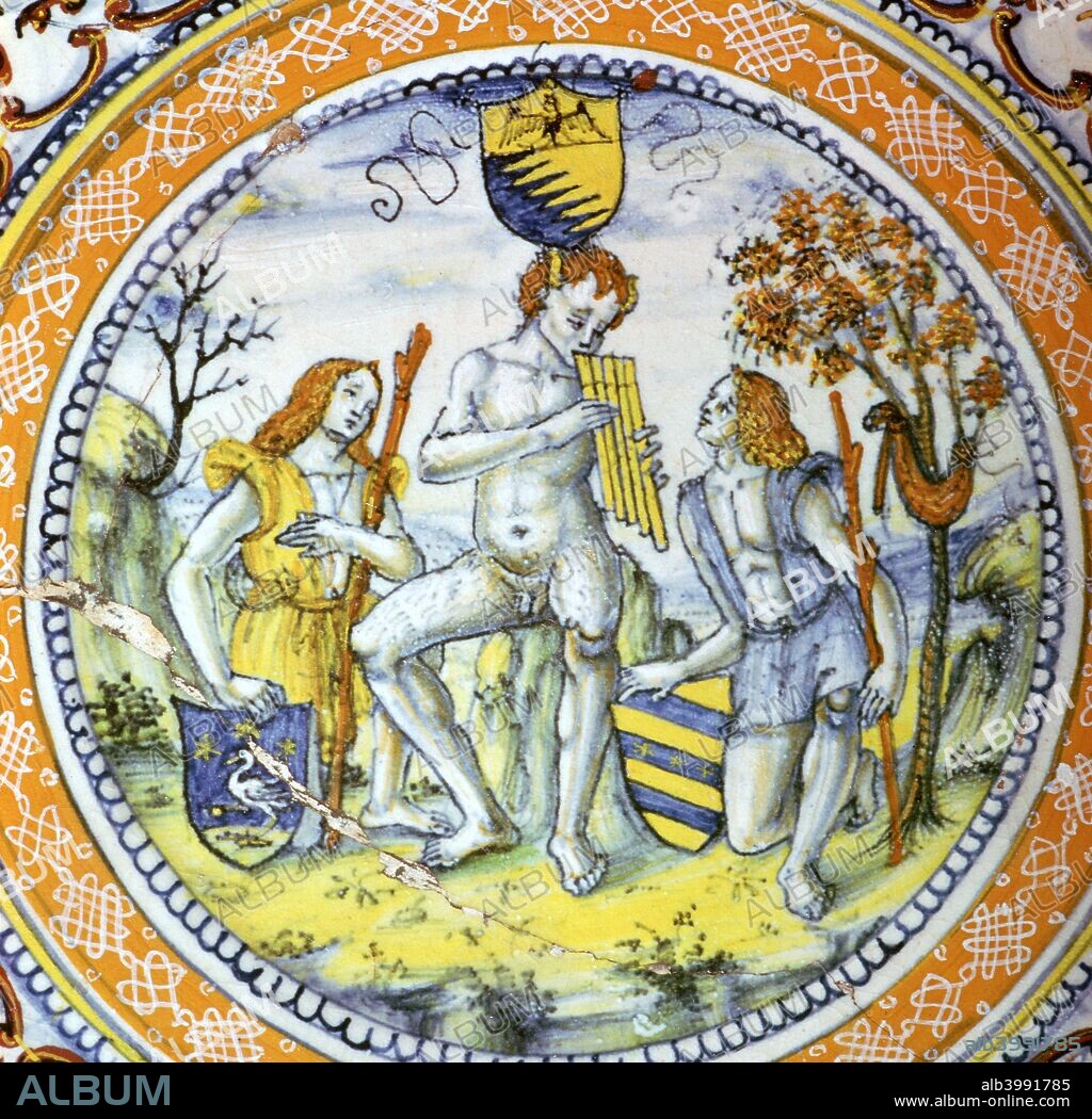 Depiction of Pan piping to two shepherds on a dish from Siena painted by Maestro Benedotto, from the British Museum's collection.