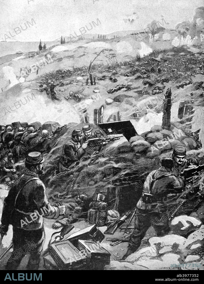 'Combat in the Dardanelles, Achi Baba', 1915. Turkish attack on Allied positions in Achi Baba during the ill-fated Gallipoli campaign. A print from Le Pays de France, 5th August 1915.