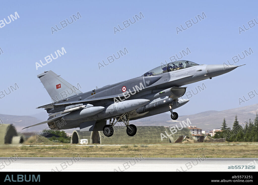 A Turkish Air Force modern F-16D Block 50+ Fighting Falcon equipped with conformal fuel tanks. These fuel tanks increase the range by 20 to 40%, depending upon the load configuration and mission profile.