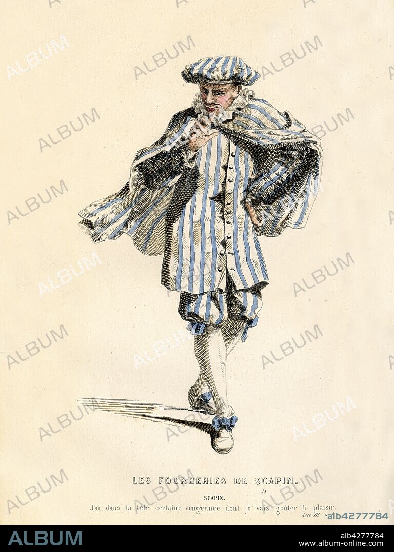 Scapin, 1868. The title character Scapin in "Les Fourberies De Scapin" (Scapin the Schemer), a theatrical comedy by Jean Baptiste de Molière, first staged in 1671. From "Oeuvres Complètes De Molière", (Complete Works of Molière), with an introduction by Jules Janin. [F. de P. Mellado, Paris, 1868].