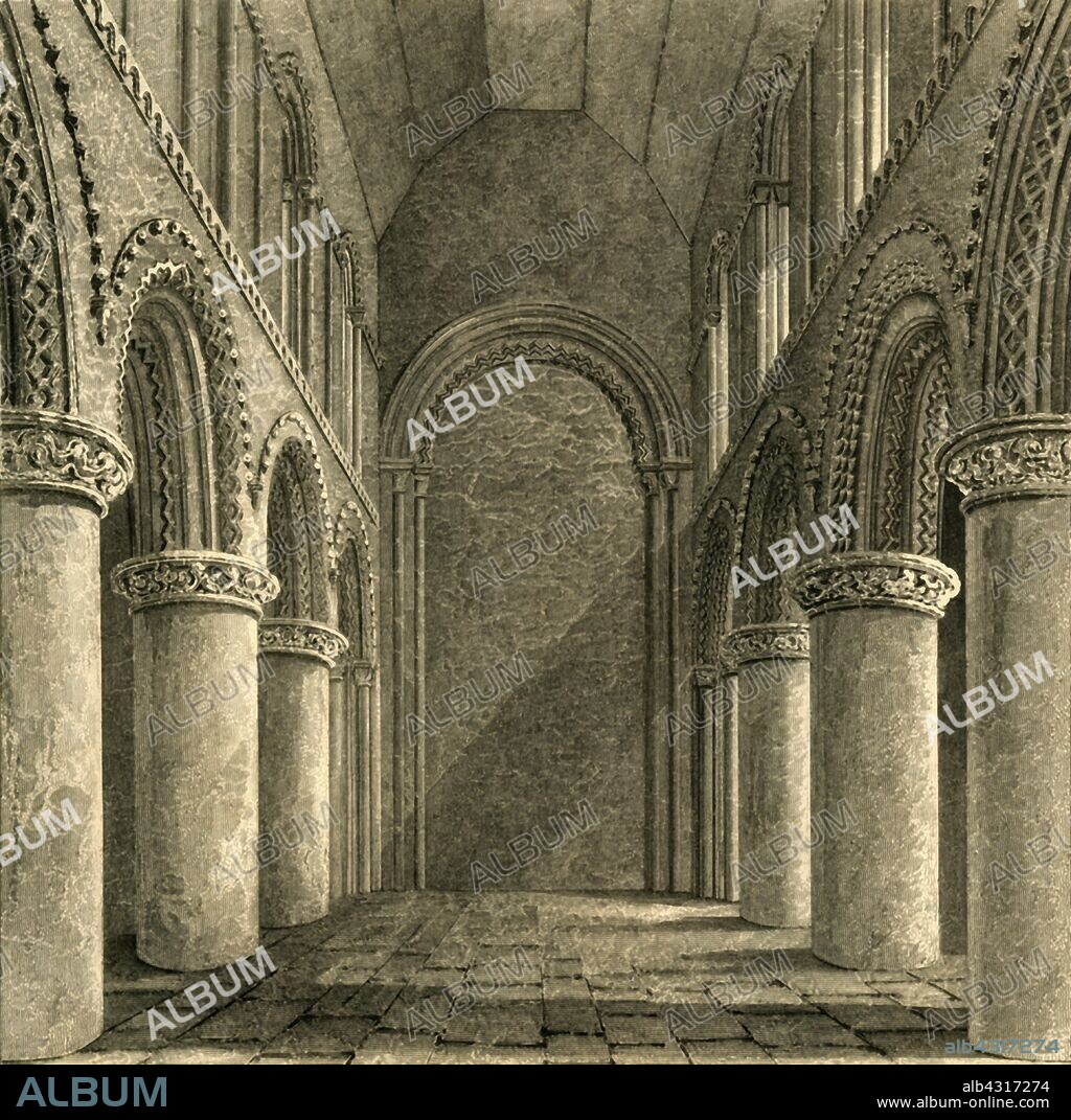 'Nave of Steyning Church', 1835. Norman nave c1160-80 in St Andrew and St Cuthman church, Steyning, West Sussex. From "The History, Antiquities, and Topography of the County of Sussex, Volume the Second", by Thomas Walker Horsfield, F.S.A. [Baxter, Sussex Press, Lewes; Messrs. Nichols and Son, London, (1835)].