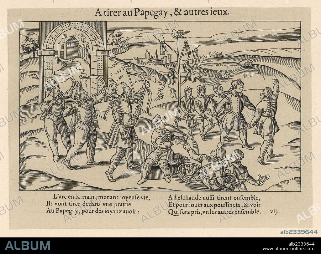 Medieval men playing the archery game of Popinjay, firing arrows at a target bird on a tree decorated with ribbons and gloves, while others share echaudes, a type of sweet bread from Aveyron, and others hold each others coattails. Lithograph from Henry Rene Allemagne's Sports and Games of Skill (Sports et Jeux d'Adresse), Librairie Hachette, Paris, 1903.