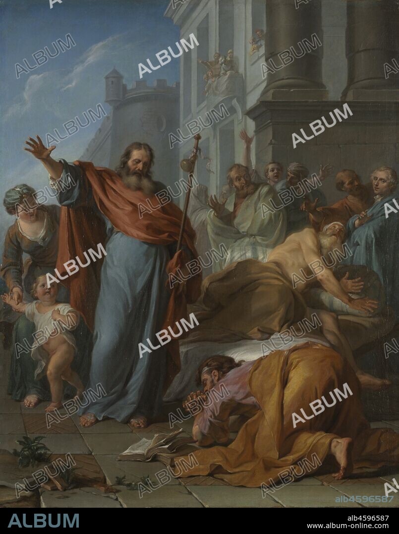 The Miracles of Saint James the Greater, 1726. Noël Nicolas Coypel combined two stories associated with Saint James the Greater, one of the twelve apostles of Christ. In the foreground is the magician Hermogenes, begging forgiveness. Hermogenes had cast a spell on James, but the saint turned the curse back on him. When James offered to protect Hermogenes against the demons assaulting him, the magician cast aside his pagan texts in favor of Christianity. According to the second legend, James miraculously cured a paralytic man (in the middle ground at right), thereby averting his own execution and causing the prosecutor to convert. Although this painting is relatively small, the clear composition, grand architectural setting, and dignified and expressive poses of the figures endow it with monumental presence.