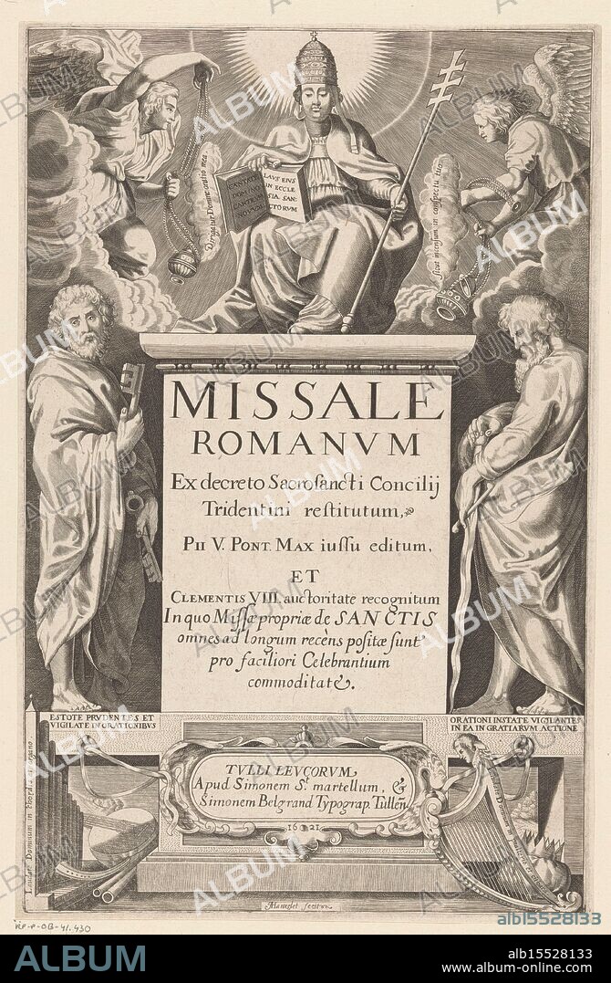 Toul, bekend, Belgrand, Simon, Frankrijk, Appier, Jean (II), Title page for: Missale Romanum, 1621, Pope, seated on a pedestal that flanked by Peter and Paul, unknown, France, verso - stamped, print, title page, prints, engravings, height 335 mm, width 215 mm, 1596 - 1630, print maker, printmaker, 1621 - 1621, paper, papier, engraving, engraving (printing process), etching, Publication (Event), Publication, French - 1665, publisher.