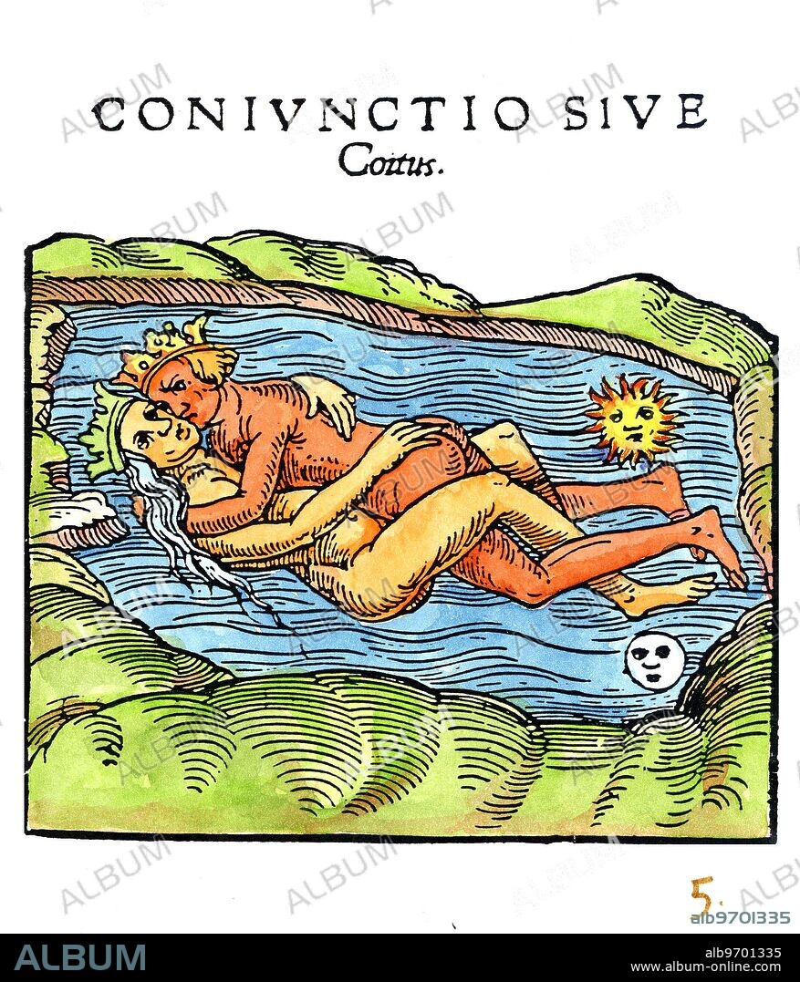 ALCHEMY - ROSARIUM PHILOSOPHORUM - CONJUNCTION. A much printed alchemical series, the Rosarium Philosophorum consists of a complex text around 20 highly distinctive woodcut prints. The imagery is alchemical, but well disguised behind the hieros gamos, or sacred marriage, sexuality and various Christian symbols. They each relate to the alchemical stages, viewed from a Christian standpoint - perhaps written in the late 15th century by one of the early Rosicrucian schools. Although the text and related images appeared in mediaeval manuscripts, it was not printed until 1550, in a German edition, as part of the De alchimia opuscula, by which time it consisted of 20 woodcuts. The authorship has always remained uncertain, though it has been suggested that it was compiled by Arnold of Villanova, in the 13th century. Jung has argued, from iconographic points relating to the four distinctly religious images, that, in its present form at least, the illustrations do not go back beyond the 15th century. The book was reprinted, with different cuts, many times: a great deal of the meaning of text and images may be gleaned from the later version of the images, and a truncated text, published as part of Johann. Daniel Mylius, Philosophia Reformata, 1622 (the 22 engravings based on the cuts begins at the 29 engraving in the series, though the old numbering is adopted- that is to say, after the 28 engravings the Rosarium series are numbered in sequence from 1 to 22). Plate 5. Now we see the beginning of alchemical Conjunction (as the Latin text puts it, this is Conjunction or Coitus). The Sun and the Moon come together, to make the phenomenon of the eclipse, in which both Sun and Moon lose their identities (This eclipse explains why the lunar face is fully round - the same size the Sun, which it is to occult). The King is in top in this embrace, but the Queen is more powerful, for she is beginning to transform the male into her own volatile soul nature. The couple.