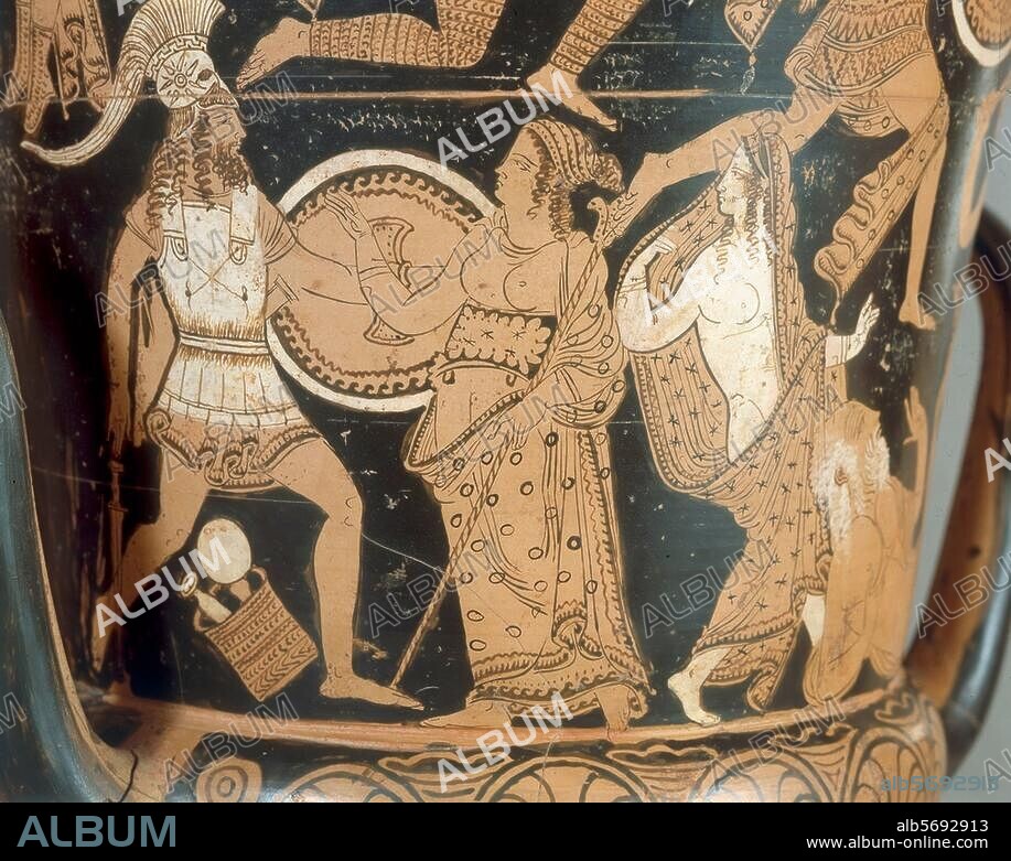 Vase painting, Faliscan, red-figure, Nazzano Painter, c. 360 BC. Scenes from the Trojan War; detail: Menelaus, Aphrodite and Helen. Krater, height 57cm. From: Falerii Veteres (Civita Castellana). Inv. no. 1197. Rome, Museo Nazionale di Villa Giulia.