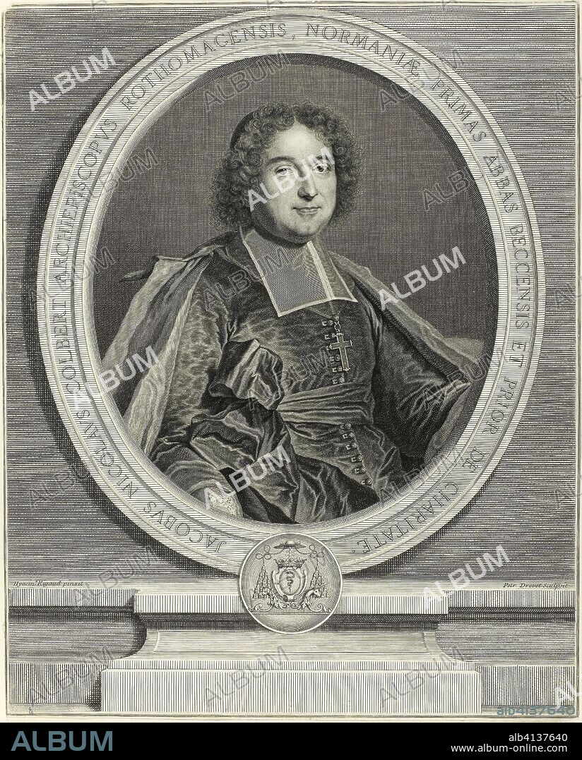 Portrait of Jacques Nicolas Colbert, Archbishop of Rouen. Pierre Drevet (French, 1663-1738); after Hyacinthe Rigaud (French, 1659-1743). Date: 1699-1700. Dimensions: 452 x 362 mm (image/sheet, cut within plate mark). Engraving on ivory laid paper. Origin: France.