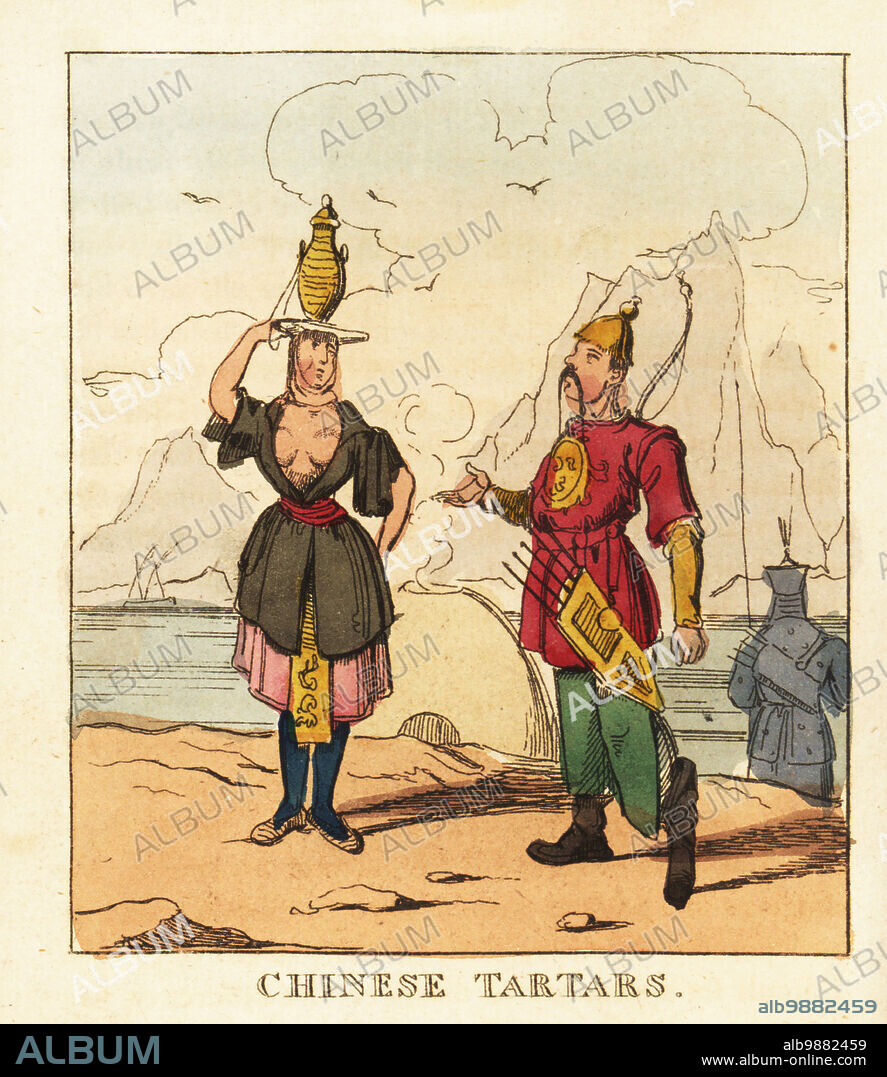 Costumes of Chinese Tatars, 19th century. A woman in robe, skirt and slippers, carrying a vase on her head. An archer with bow and quiver. Chinese Tartars. Handcoloured copperplate engraving from The World in Miniature, or Panorama of the Costumes, Manners & Customs of All Nations, John Bysh, London, 1825.