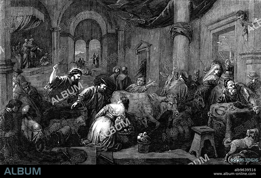 New Pictures in the National Gallery - "Christ Driving the Money-Changers out of the Temple" - painted by Bassano, 1856. 'In the picture before us, which was presented to the National Gallery by Philip L. Hinds, Esq., we have a fair sample of [Bassano's] powers and his peculiar predilections. Amidst the confused crowd of money-brokers, cattle, dogs, and dealers in live-stock, we recognise none of those sublimer attributes usually aimed at in the treatment of sacred subjects. We cannot conclude our notice of this picture without animadverting upon the taste and judgment of the "Hanging Committee" of the National Gallery, in assigning it a place of prominence which neither on account of the artist or its individual merits, it was entitled to'. From "Illustrated London News", 1856.