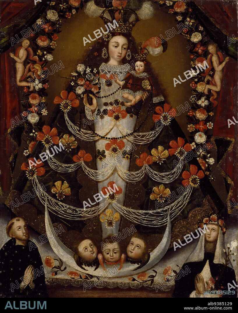 Virgin of Pomata with St. Nicholas Tolentino and St. Rose of Lima, Oil on canvas, Cuzco, Peru, 1700-1750, 26 x 21 in., 66 x 53.3 cm, 1700-1750, 18thC, adoration, Augustinian, Catholic, cheeks, christian, feminine, figures, floribund, flowers, garland, Hispanic Heritage, Latin American Art, Madonna, maria, mary, moon, oil, old, painting, pearls, Peruvian Art, red, religion, religious, religious art, roses, Saints, shrine, South America, spanish colonial, tonsure, virgin, white, x-ray.