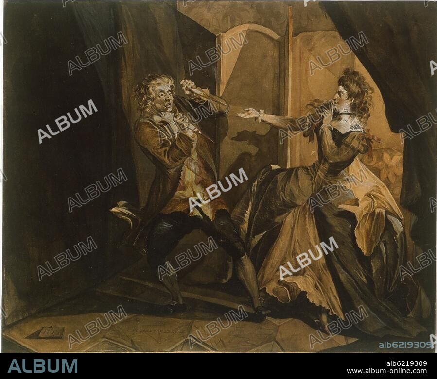 THE YOUNGER JOHANN HEINRICH FUESSLI. Füssli, Johann Heinrich; 1741-1825. "Garrick and Mrs. Pritchard as Macbeth and Lady Macbeth after the murder of King Duncan," c. 1760. (Shakespeare, Macbeth, II, 2). Watercolour with white highlights, 323 × 294 mm. Inv. no. 1938/650. Zurich, Kunsthaus.
