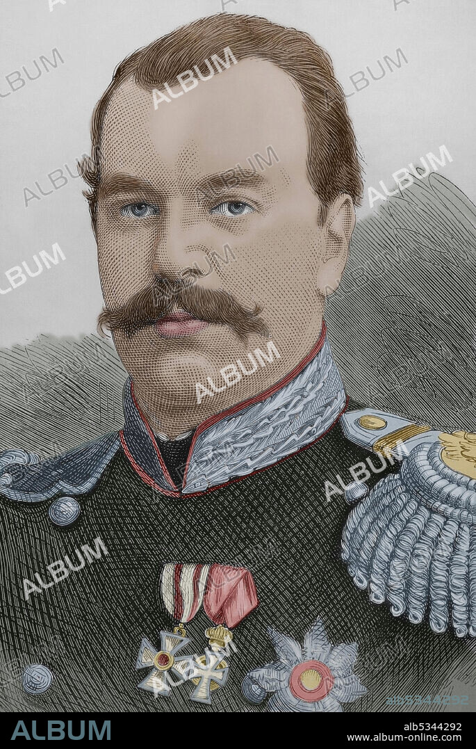 Alexander III of Russia (1845-1894). Czar of the Russian Empire, King of Poland and Grand Duke of Finland from 1881 to 1894. Portrait. Engraving. Later colouration. La Ilustración Española y Americana, 1881.