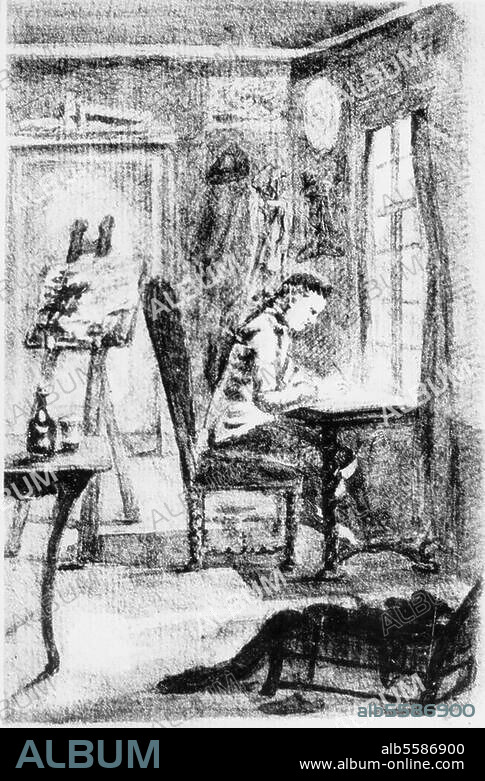 JOHANN WOLFGANG VON GOETHE. Goethe, Johann Wolfgang von. 1749-1832. Self-portrait of the young Goethe (?) in his attic room in Frankfurt. Pencil drawing with ink and watercolours, c. 1768/70, by Johann Wolfgang Goethe. Weimar, Stiftung Weimarer Klassik.