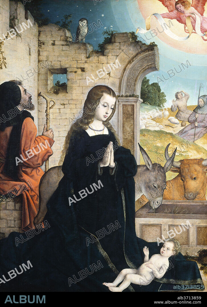 JUAN DE FLANDES. The Nativity. Dated: c. 1508/1519. Dimensions: painted surface: 110.5 x 79.3 cm (43 1/2 x 31 1/4 in.)  overall (panel): 111.8 x 80.6 cm (44 x 31 3/4 in.)  framed: 129.8 x 98.7 x 10.7 cm (51 1/8 x 38 7/8 x 4 3/16 in.). Medium: oil on panel.