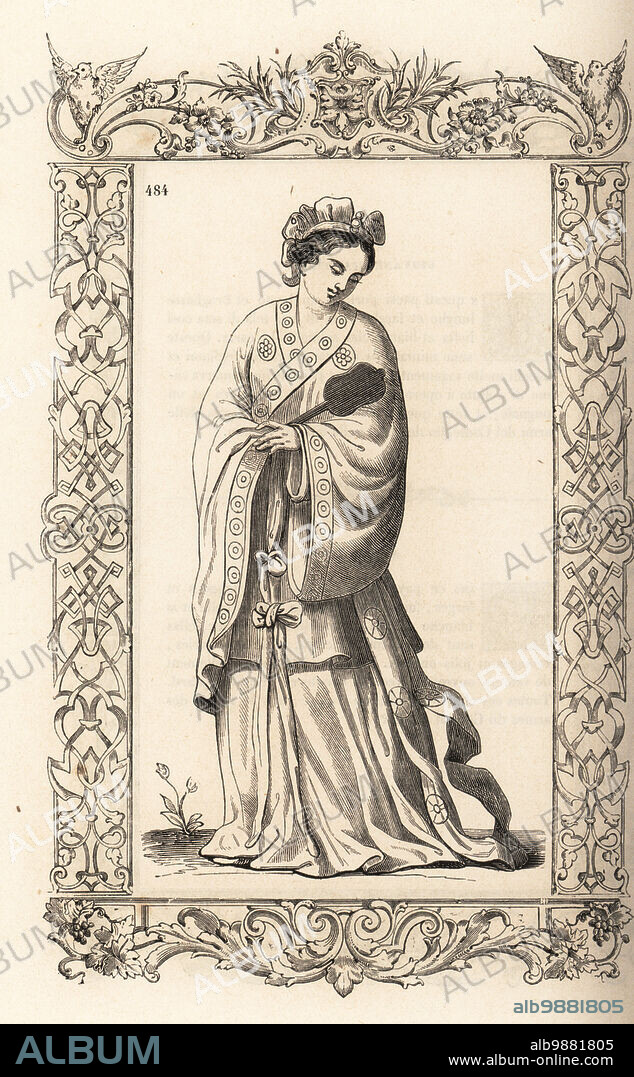 Noble woman of China, 16th century. Her black hair is decorated with pearls and gems. She wears an embroidered velvet coat over a brocade tunic and silk skirts. Noble matrone de la Chine. Within a decorative frame engraved by H. Catenacci and Fellmann. Woodblock engraving by Gerard Seguin and E.F. Huyot after a woodcut by Christoph Krieger from Cesare Vecellios 16th century Costumes anciens et modernes, Habiti antichi et moderni di tutto il mondo, Firman Didot Ferris Fils, Paris, 1859-1860.