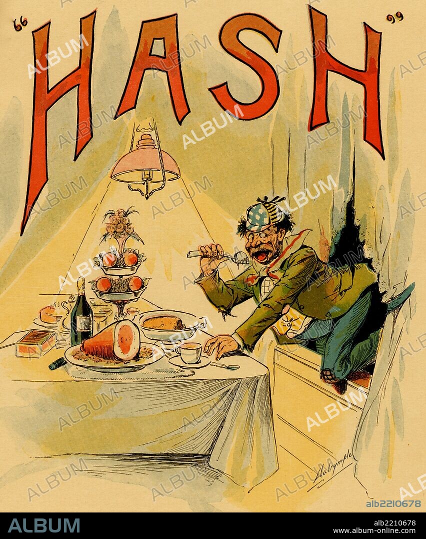 A table overwhelmed with food, an epergne, wine bottle or champagne, a ham, fruit including grapes and apparently the hash which has attracted a bum who has crawled through the window to scoop up some food.
